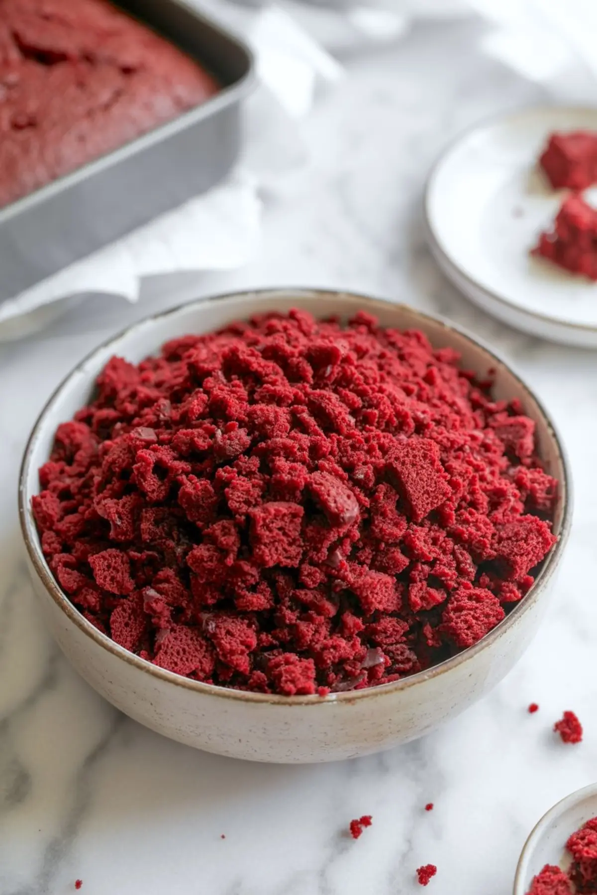 Close-up of a ceramic bowl filled with crumbled red velvet cake pieces on a white marble surface, with a baking tray and dessert plate in the blurred background.