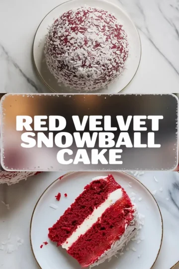 Three-part vertical collage with a full red velvet snowball cake covered in shredded coconut on top, centered “Red Velvet Snowball Cake” text, and a bottom view of a cake slice with white cream layers on a plate.