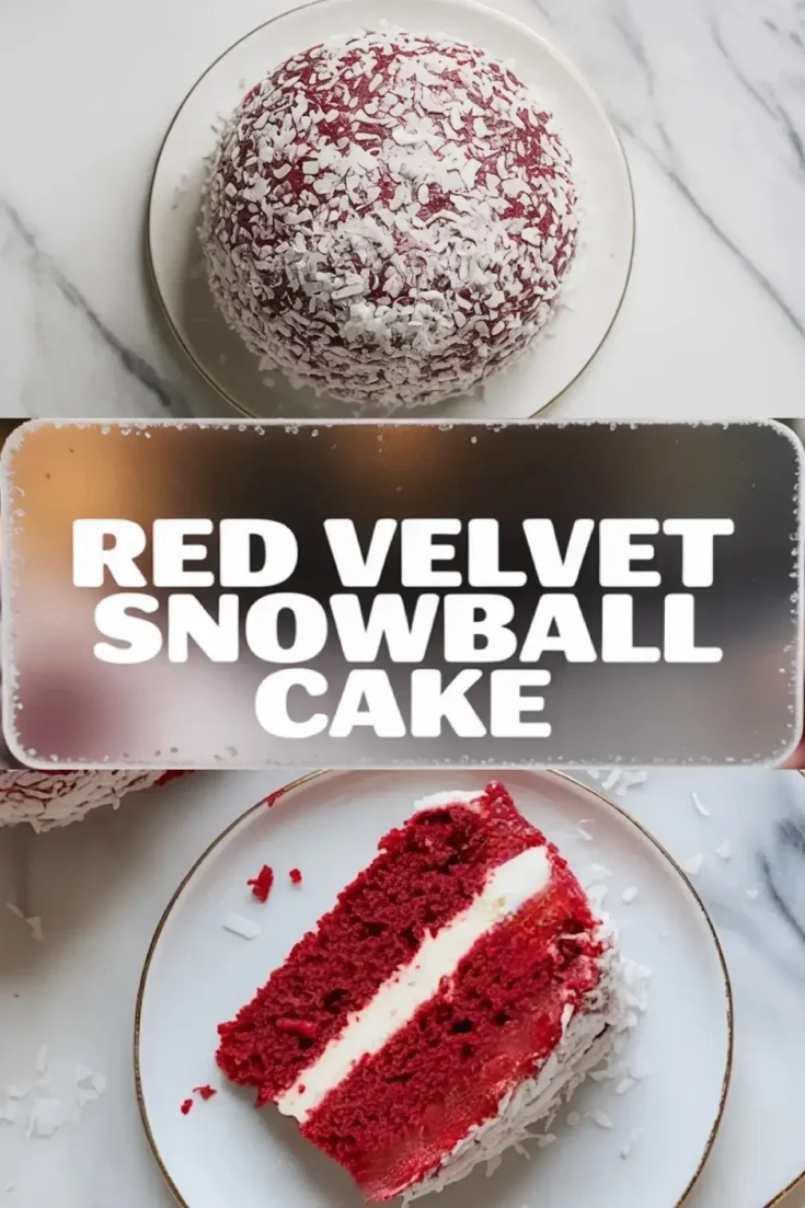 Three-part vertical collage with a full red velvet snowball cake covered in shredded coconut on top, centered “Red Velvet Snowball Cake” text, and a bottom view of a cake slice with white cream layers on a plate.