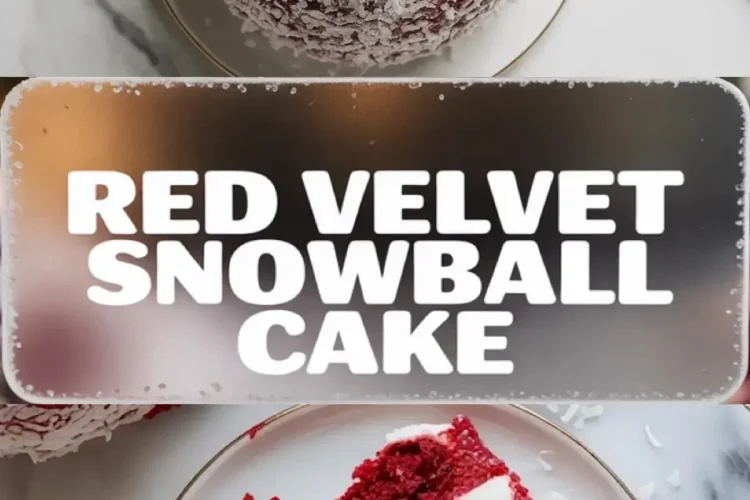 Three-part vertical collage with a full red velvet snowball cake covered in shredded coconut on top, centered “Red Velvet Snowball Cake” text, and a bottom view of a cake slice with white cream layers on a plate.