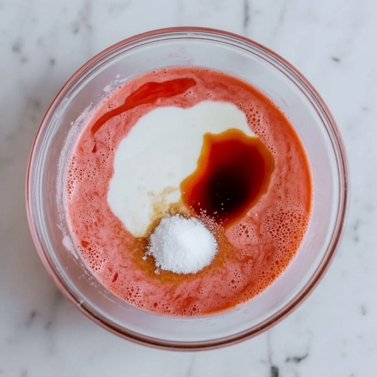 Unmixed wet ingredients for red velvet cake in a glass bowl, including buttermilk, vanilla extract, oil, and white vinegar, resting on a marble surface.