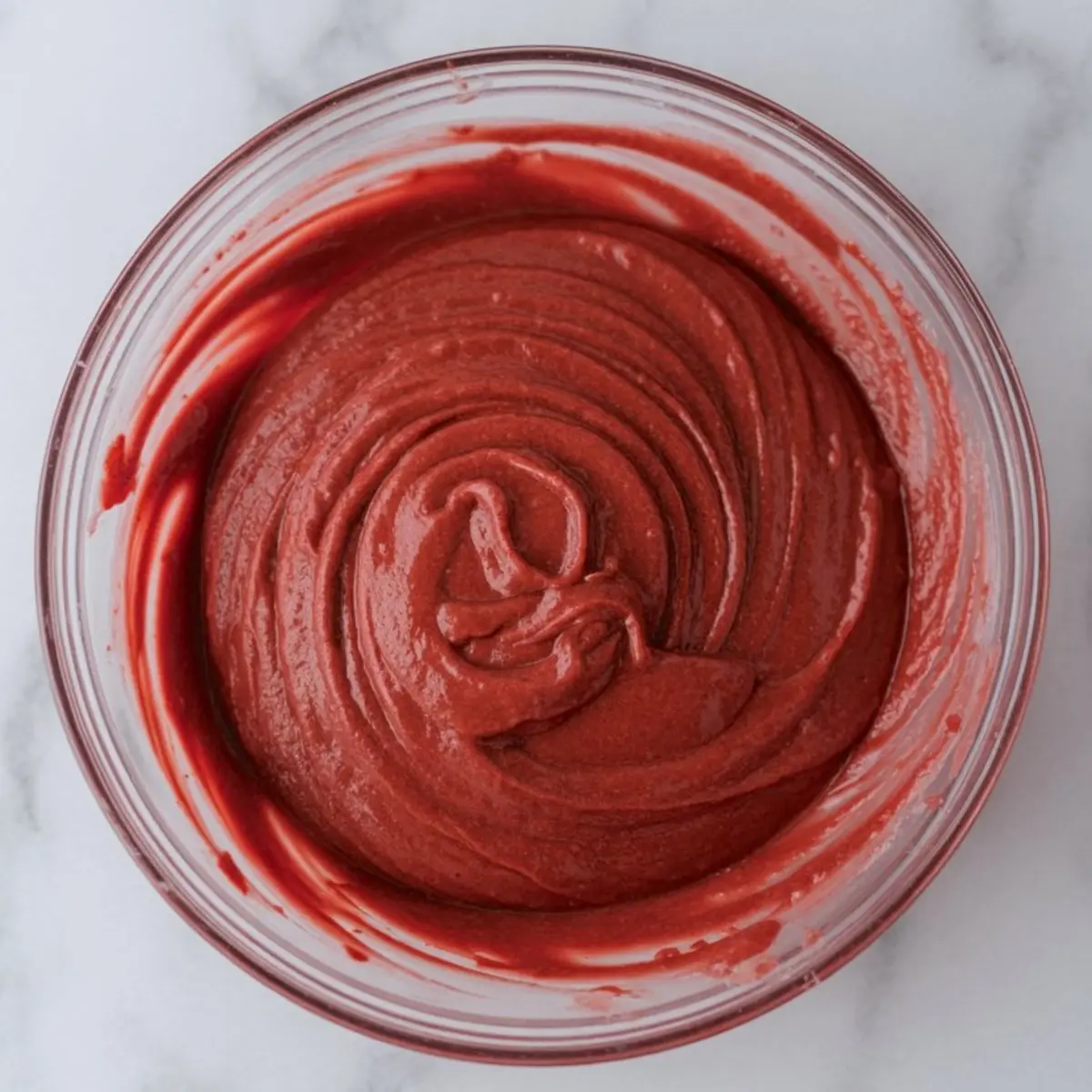Glass mixing bowl filled with smooth red velvet cake batter swirled in a spiral pattern on a marble surface.