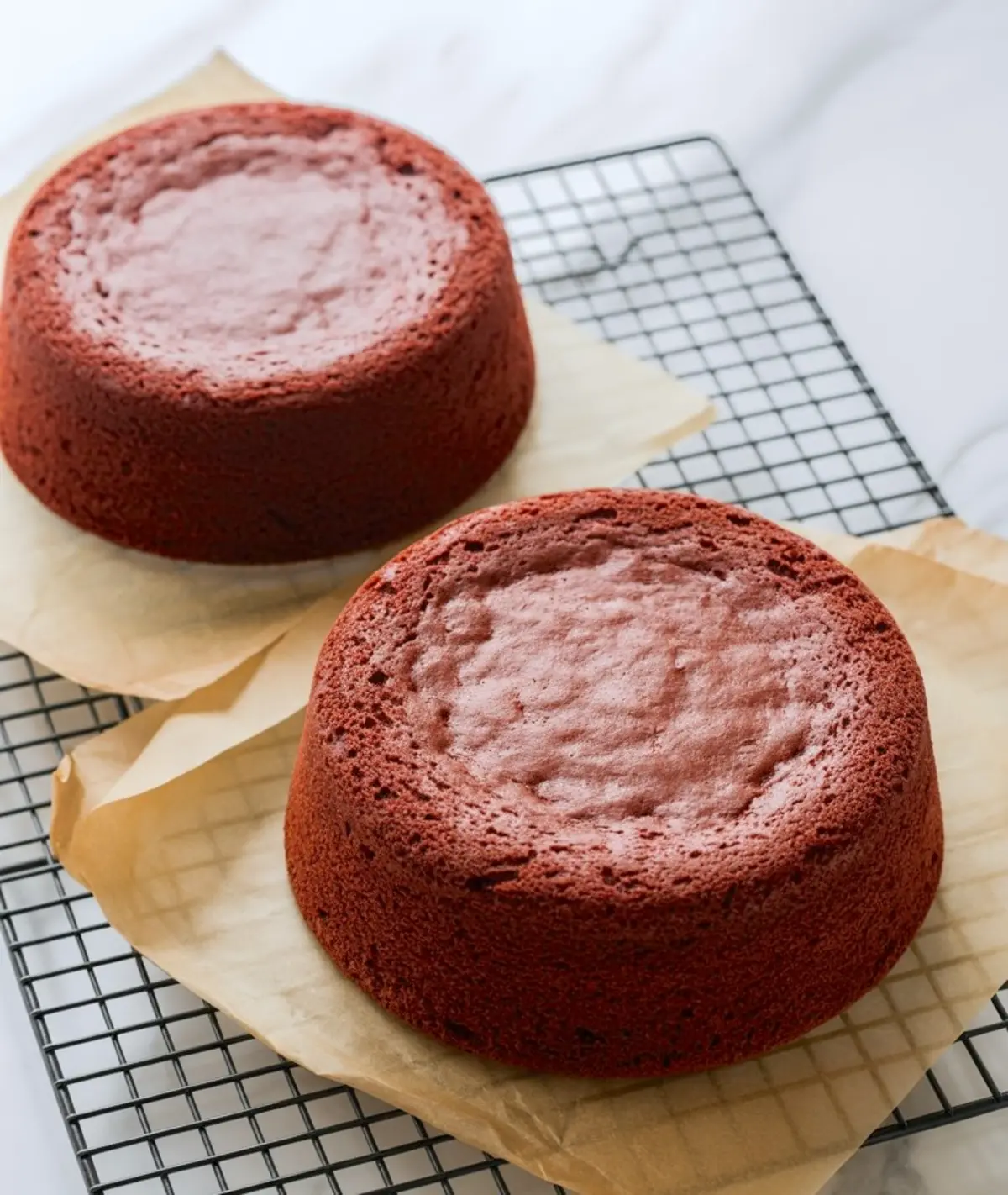Two freshly baked red velvet cake layers cooling on parchment-lined wire racks, with rich red color and even tops.