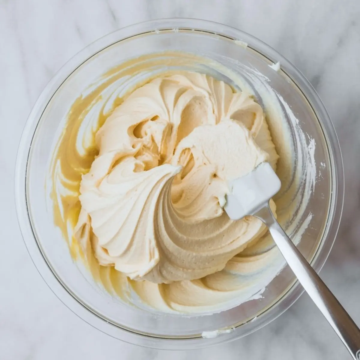 Whipped vanilla buttercream frosting in a glass bowl with a spatula, showing smooth, creamy texture on a marble background.