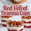 Individual red velvet tiramisu cups layered with cubes of red velvet cake, mascarpone cream, and cocoa powder, topped with piped whipped cream, presented with bold title text.