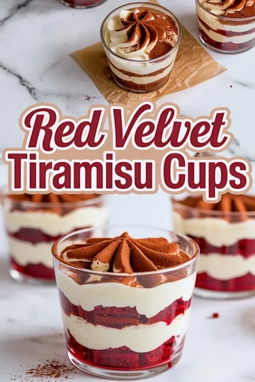 Individual red velvet tiramisu cups layered with cubes of red velvet cake, mascarpone cream, and cocoa powder, topped with piped whipped cream, presented with bold title text.