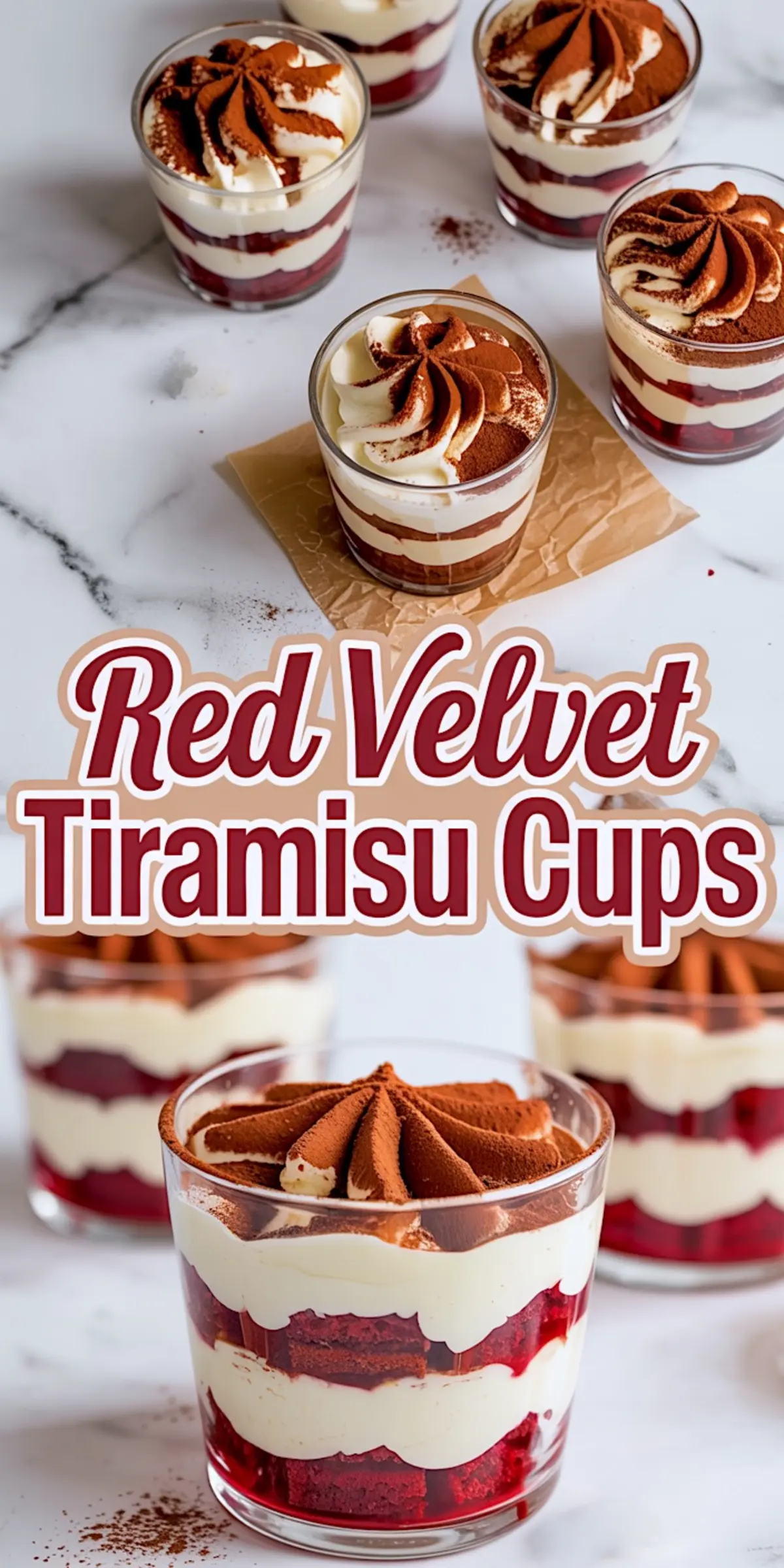 Vertical collage featuring multiple red velvet tiramisu dessert cups layered with mascarpone cream and cocoa dusting, overlaid with text in the center reading “Red Velvet Tiramisu Cups” in bold red font.