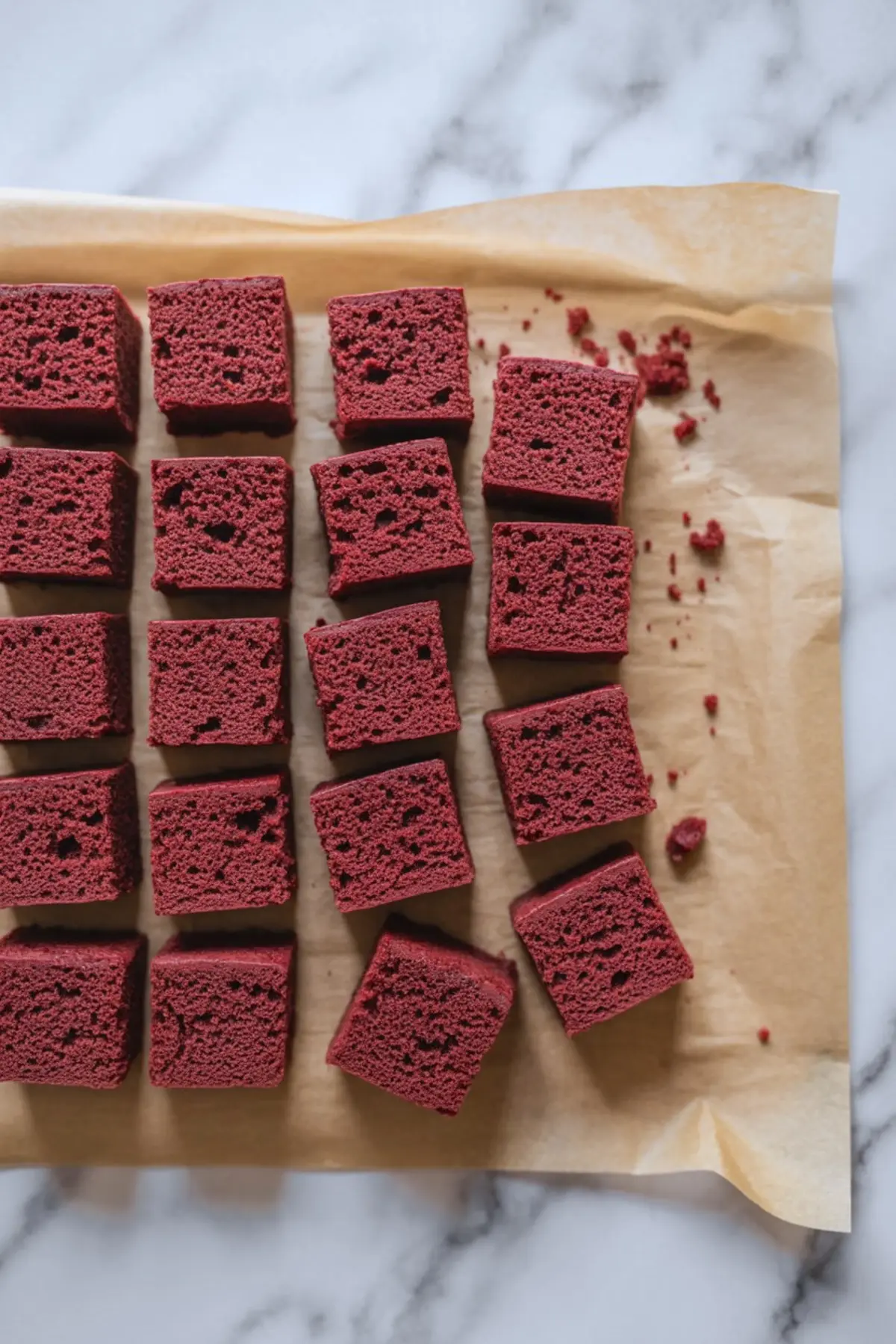 Square slices of red velvet sponge cake arranged neatly on parchment paper over a marble surface, showcasing their airy texture and deep red color.