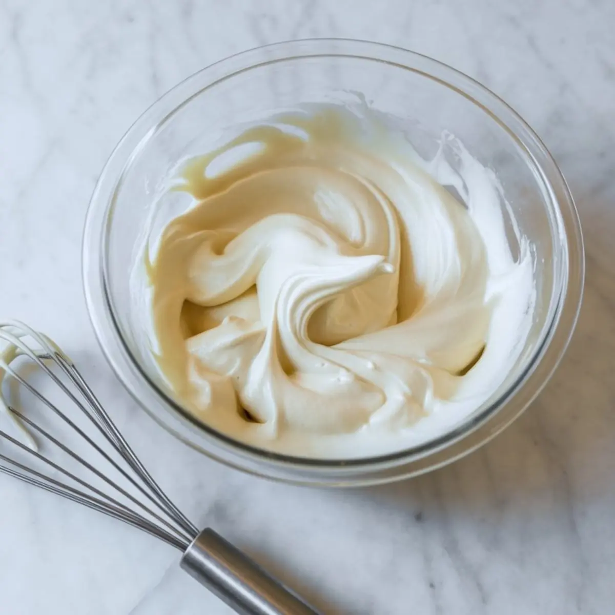 Creamy mascarpone and whipped cream mixture in a glass bowl, swirled to soft peaks, set next to a metal whisk on a marble surface.
