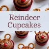 Collage of chocolate cupcakes with swirl frosting and reindeer faces made from pretzels and candy, featuring text that reads “Reindeer Cupcakes” for Christmas treat inspiration.