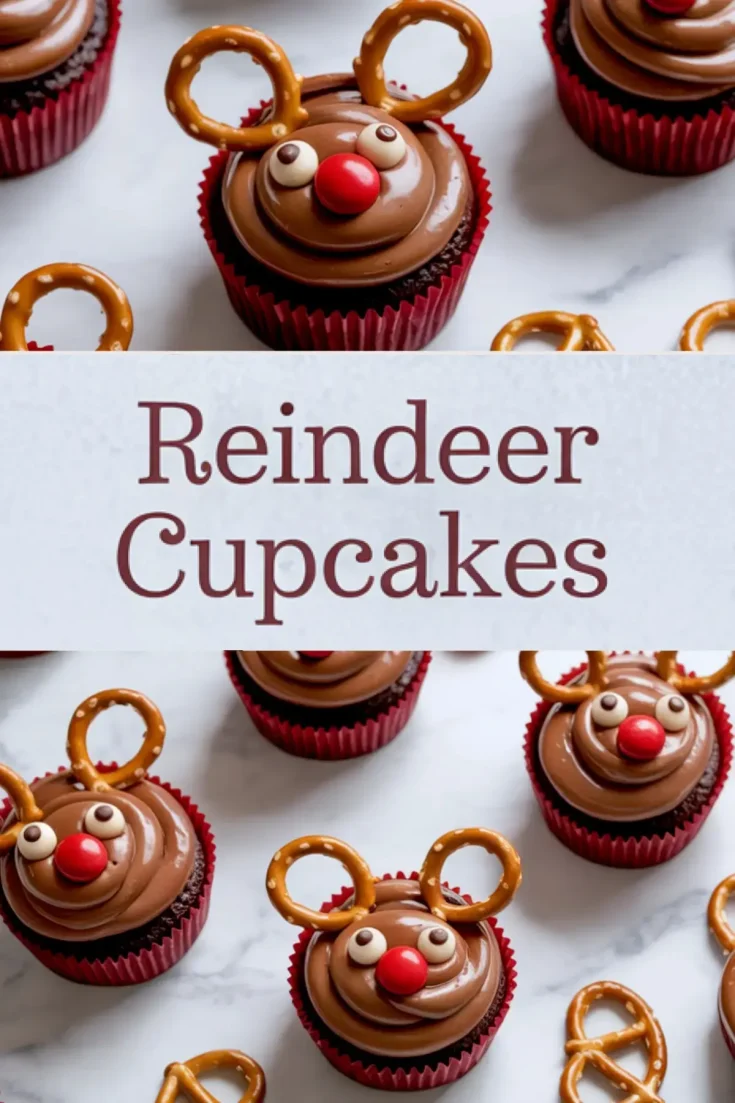 Collage of chocolate cupcakes with swirl frosting and reindeer faces made from pretzels and candy, featuring text that reads “Reindeer Cupcakes” for Christmas treat inspiration.