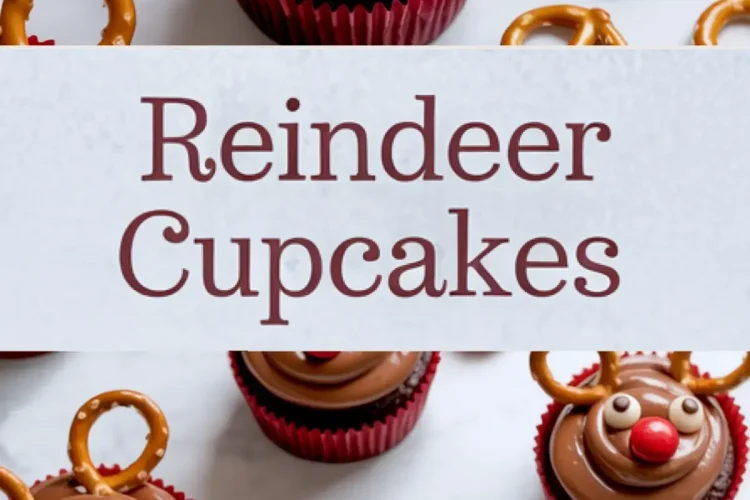 Collage of chocolate cupcakes with swirl frosting and reindeer faces made from pretzels and candy, featuring text that reads “Reindeer Cupcakes” for Christmas treat inspiration.