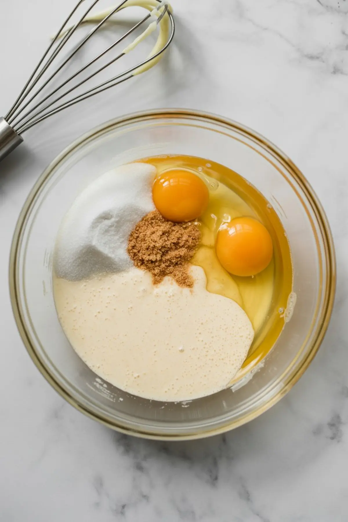 Glass mixing bowl filled with eggs, white sugar, brown sugar, and a creamy batter base, sitting on a marble surface with a metal whisk nearby, ready for chocolate cupcake batter preparation.