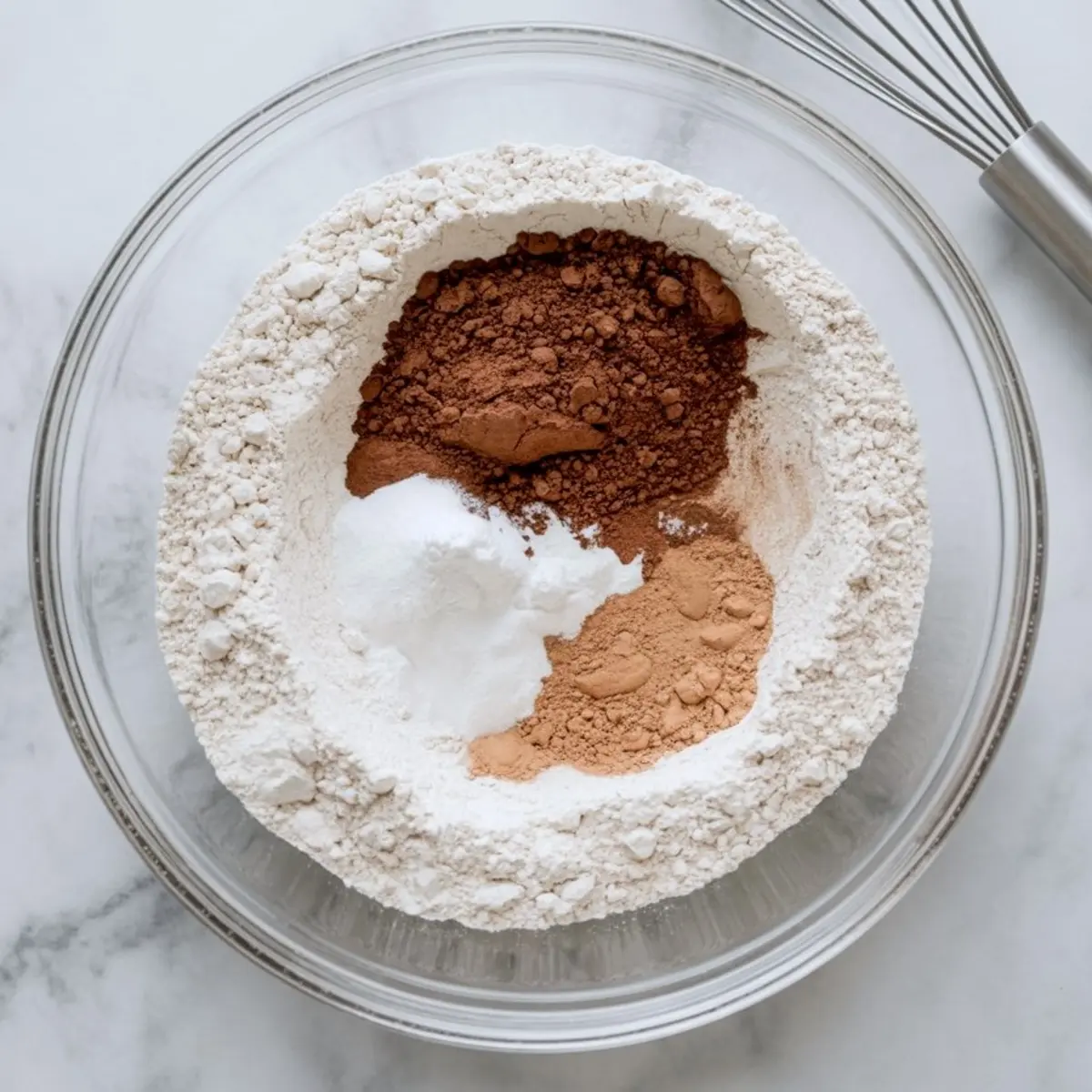 Dry cupcake ingredients in a glass mixing bowl, including flour, cocoa powder, cinnamon, baking soda, and baking powder, arranged before blending for chocolate cupcakes.