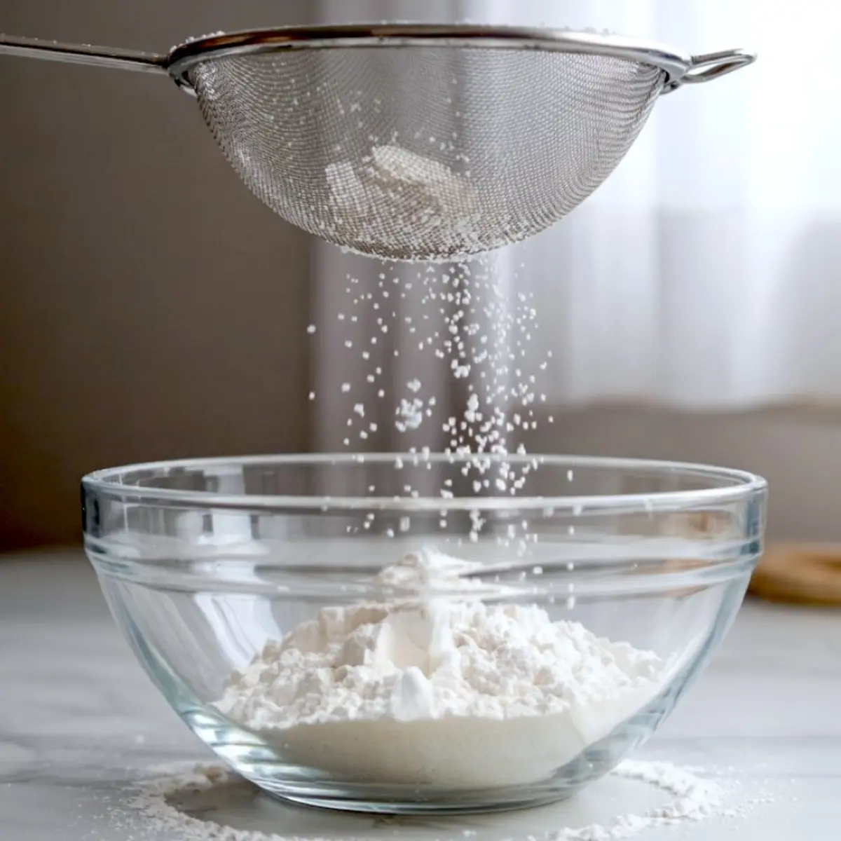 Flour being sifted into a glass mixing bowl on a white countertop, creating a light dusting effect as part of preparing royal icing ingredients.