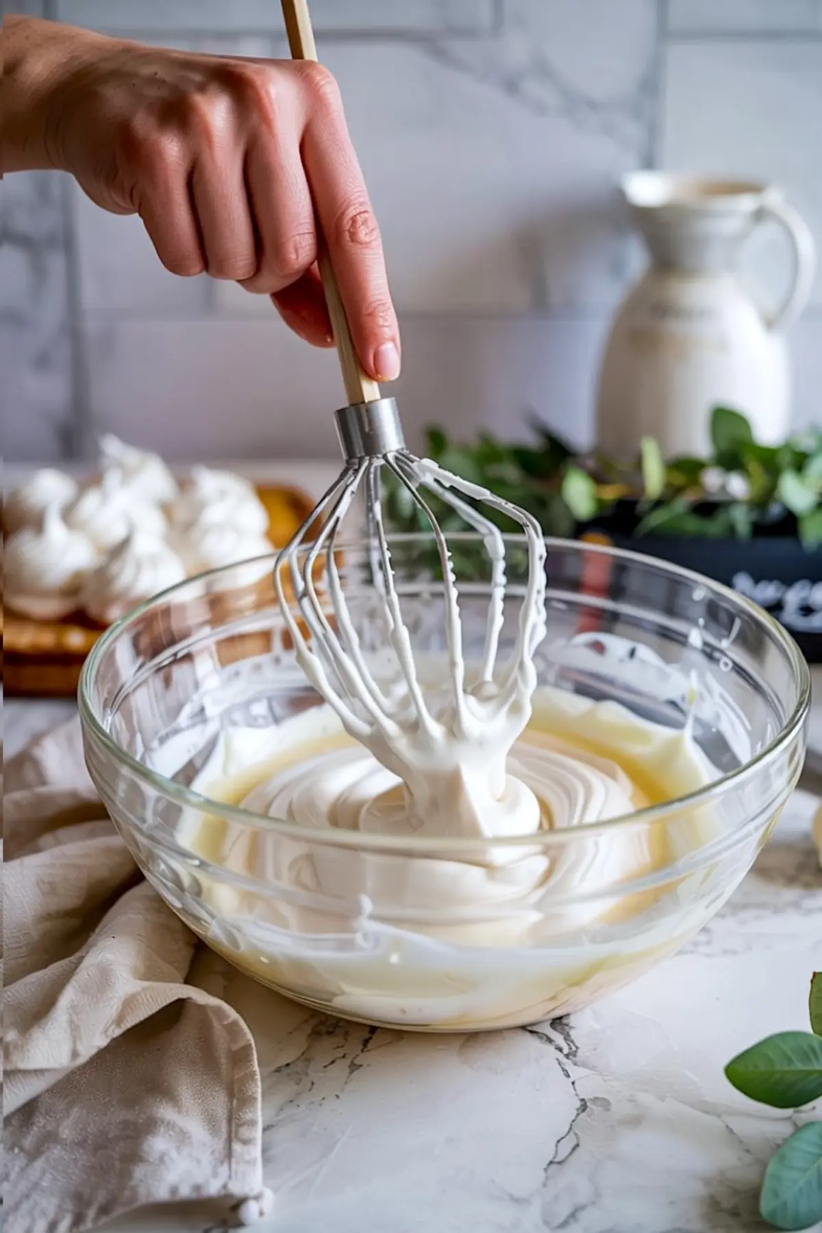 A hand lifting a whisk from a bowl of glossy white royal icing, showing stiff peaks and creamy texture, ideal for cookie decorating.