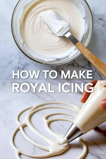 Top image shows creamy royal icing in a glass bowl with a spatula; bottom image highlights a hand piping white icing in curved shapes on a smooth surface. Overlay text reads “HOW TO MAKE ROYAL ICING.” Best Royal Icing Recipe and Cookie Icing Recipe ideal for beginners.