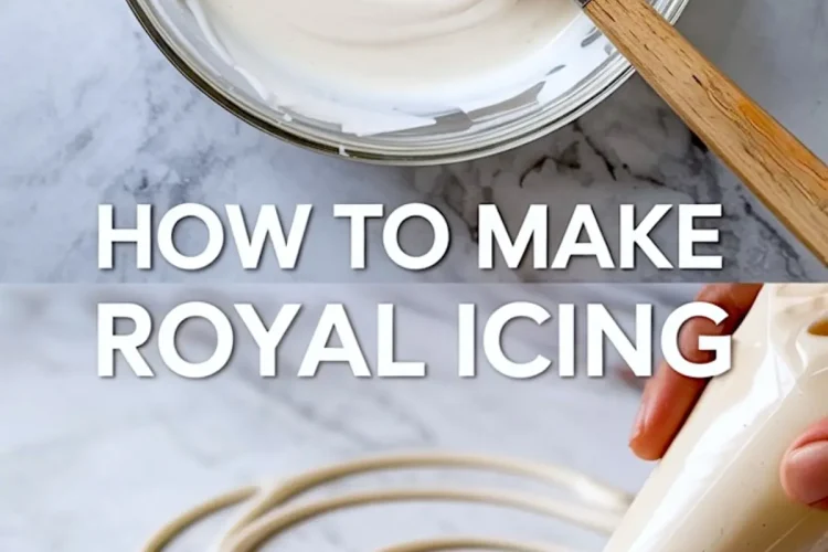 Top image shows creamy royal icing in a glass bowl with a spatula; bottom image highlights a hand piping white icing in curved shapes on a smooth surface. Overlay text reads “HOW TO MAKE ROYAL ICING.” Best Royal Icing Recipe and Cookie Icing Recipe ideal for beginners.
