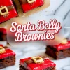 Christmas brownies decorated with shiny red glaze, edible gold accents, and chocolate belts with fondant buckles are displayed on a marble surface with text overlay reading “Santa Belly Brownies.”
