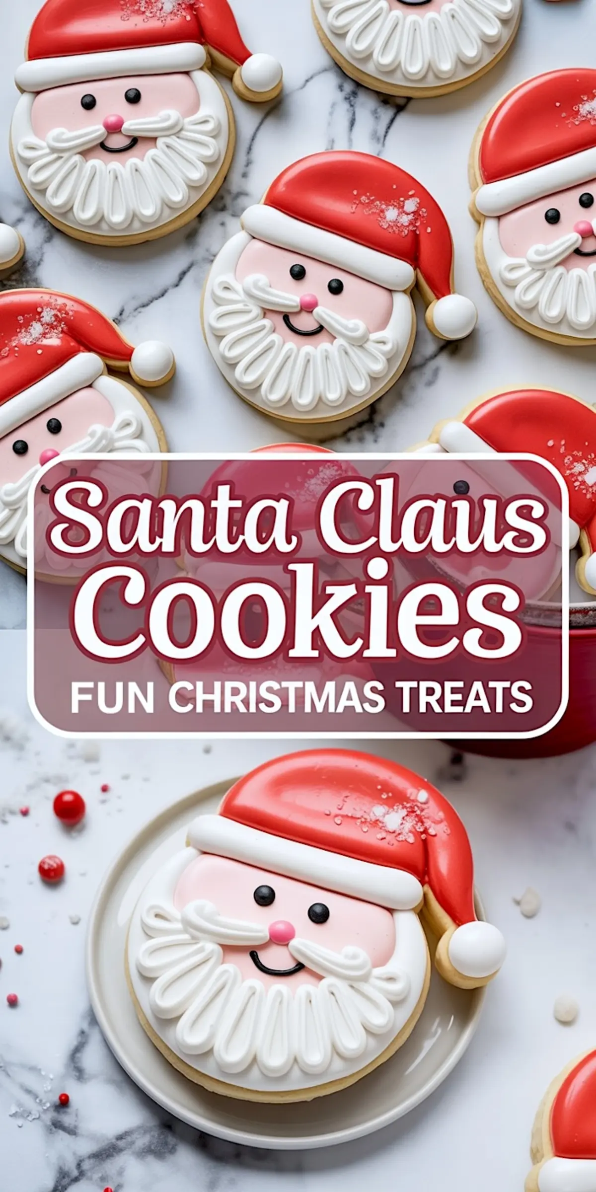 Festive Santa Claus face cookies with red hats and white icing details arranged on a marble surface and plate, with a vertical text overlay promoting holiday baking.