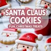 Decorated Santa Claus cookies with red hats, white beards, and cheerful faces on a marble background, featuring text overlay promoting Christmas treats.