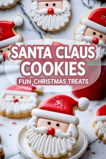 Decorated Santa Claus cookies with red hats, white beards, and cheerful faces on a marble background, featuring text overlay promoting Christmas treats.