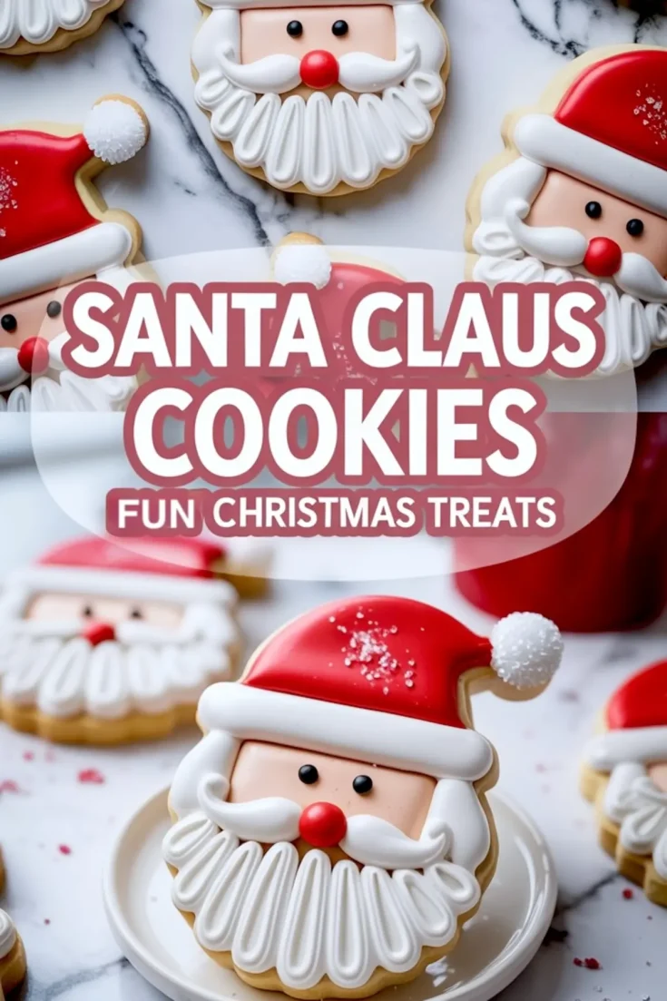 Decorated Santa Claus cookies with red hats, white beards, and cheerful faces on a marble background, featuring text overlay promoting Christmas treats.