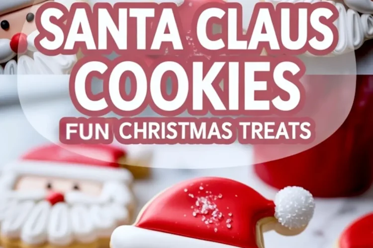 Decorated Santa Claus cookies with red hats, white beards, and cheerful faces on a marble background, featuring text overlay promoting Christmas treats.