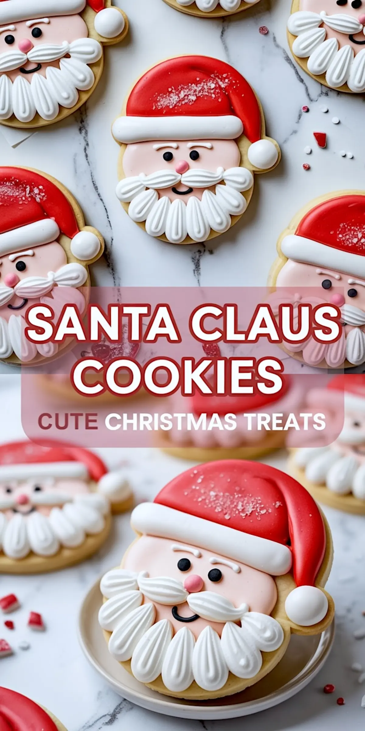 Christmas Santa face cookies with red sugar hats and piped white beards displayed on marble, accompanied by a text overlay for cute Christmas treats.