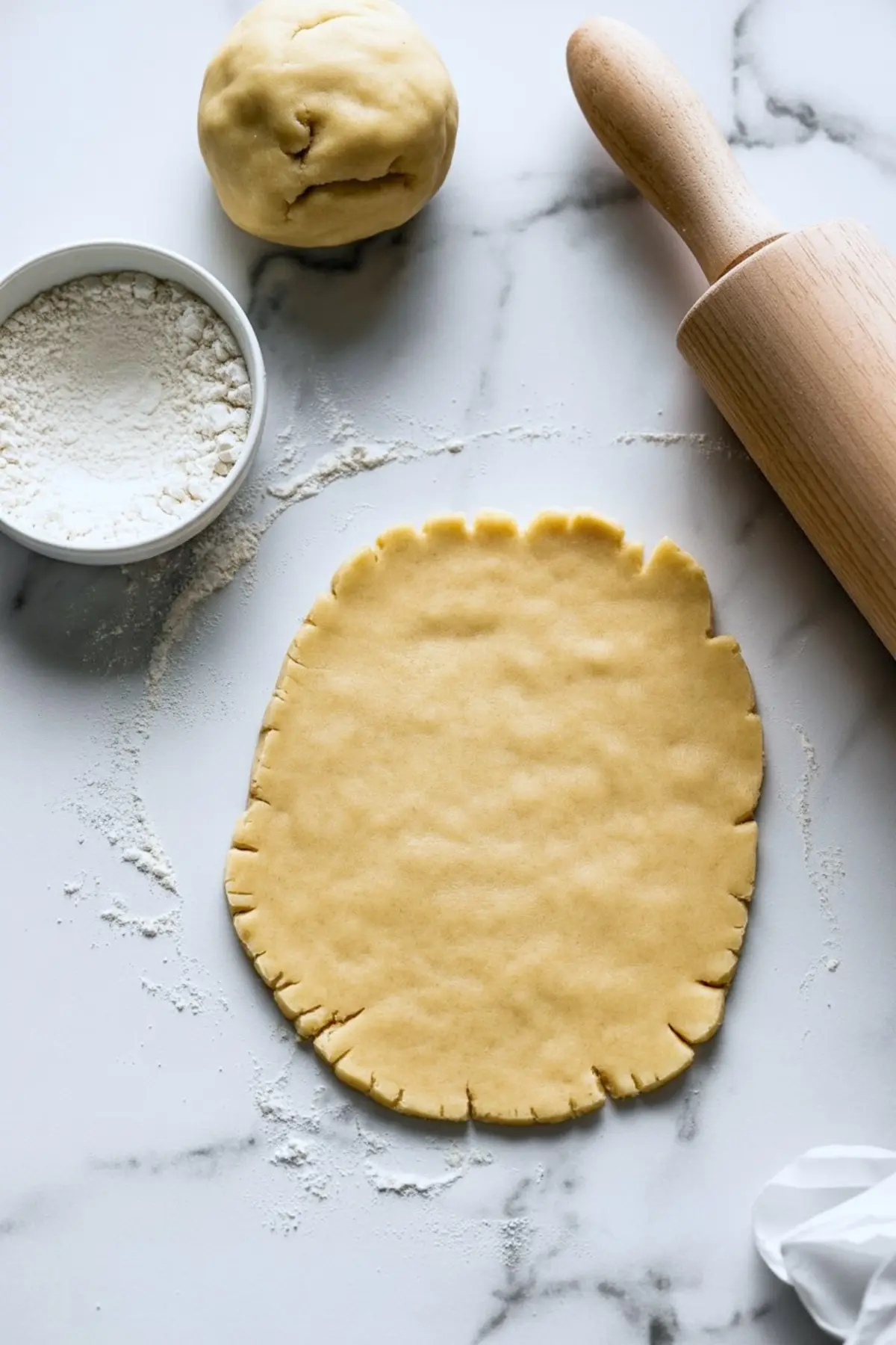 Rolled sugar cookie dough on a floured marble surface with a wooden rolling pin, a bowl of flour, and a dough ball, showing the cookie preparation process.
