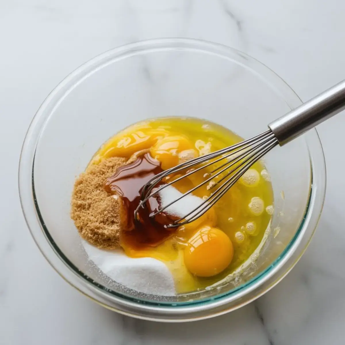 A glass bowl filled with eggs, melted butter, brown sugar, white sugar, and vanilla extract being mixed with a metal whisk on a marble surface.