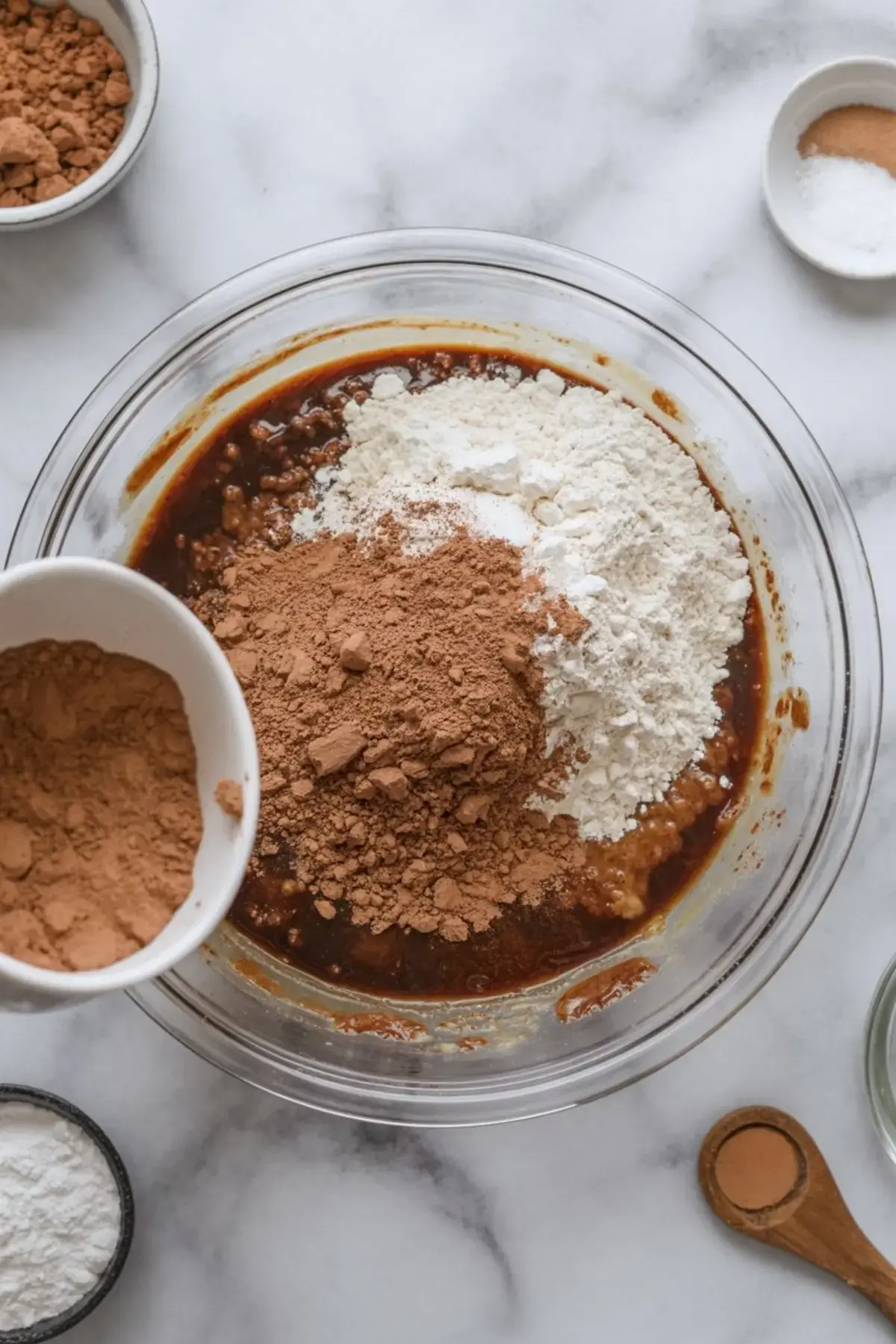A mixing bowl with flour, cocoa powder, and brown sugar being combined for brownie batter, surrounded by small bowls of dry ingredients and a wooden measuring spoon on a marble background.