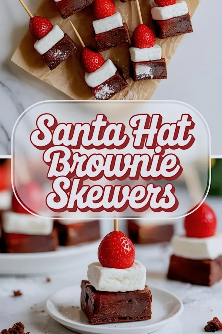 Flat lay and close-up collage of Santa hat brownie skewers made with chocolate brownies, fluffy marshmallows, and ripe strawberries on skewers, styled on parchment paper and a white marble surface with decorative holiday presentation.