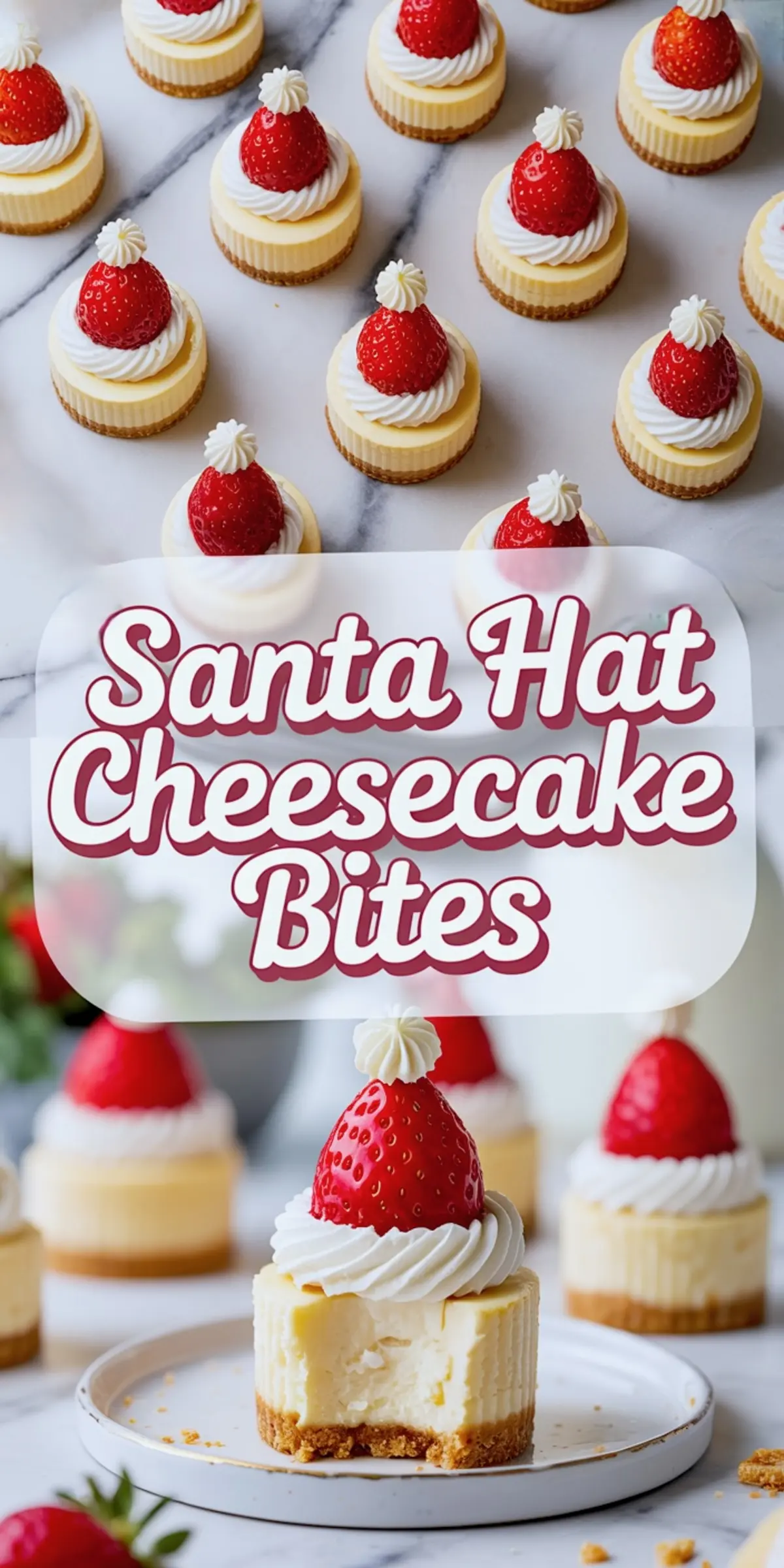 Mini cheesecakes topped with swirls of whipped cream and fresh strawberries styled as Santa hats, arranged on a marble surface with one cheesecake bite cut open to reveal creamy texture. Holiday dessert, Christmas baking, and festive treat inspiration.
