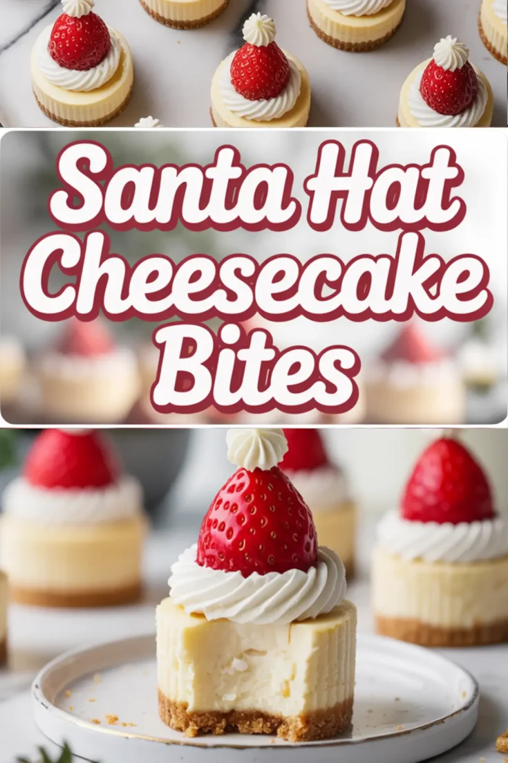 Collage featuring Santa Hat Cheesecake Bites with festive lettering in the center and a close-up view of a mini cheesecake topped with a whipped cream swirl and a strawberry shaped like Santa’s hat. Christmas dessert idea, holiday party sweets, and festive baking inspiration.