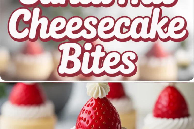 Collage featuring Santa Hat Cheesecake Bites with festive lettering in the center and a close-up view of a mini cheesecake topped with a whipped cream swirl and a strawberry shaped like Santa’s hat. Christmas dessert idea, holiday party sweets, and festive baking inspiration.