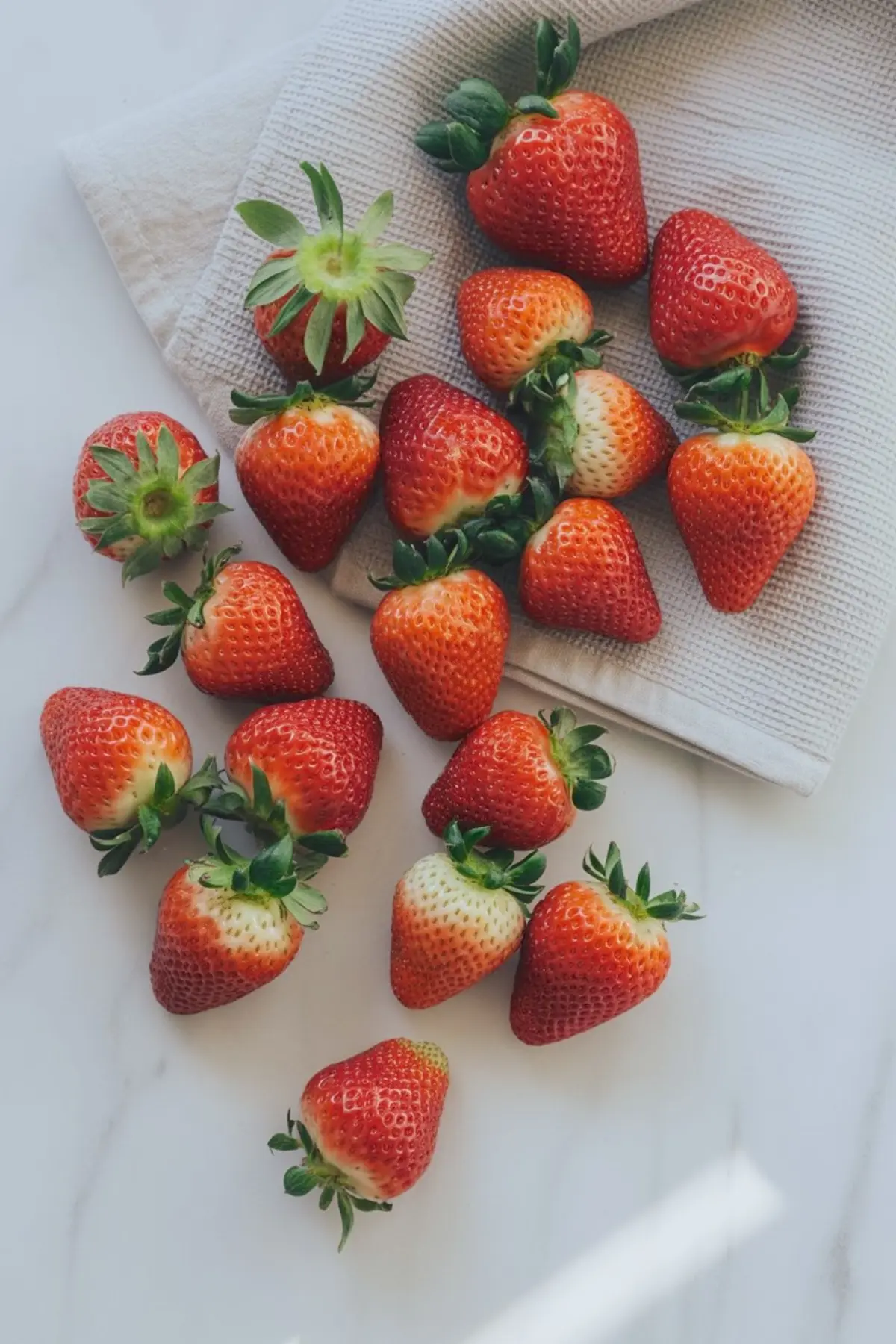 Fresh ripe strawberries with green tops scattered over a light towel on a white marble surface, ready to be used for decorating desserts. Fruit prep, holiday garnish, and vibrant kitchen scene.
