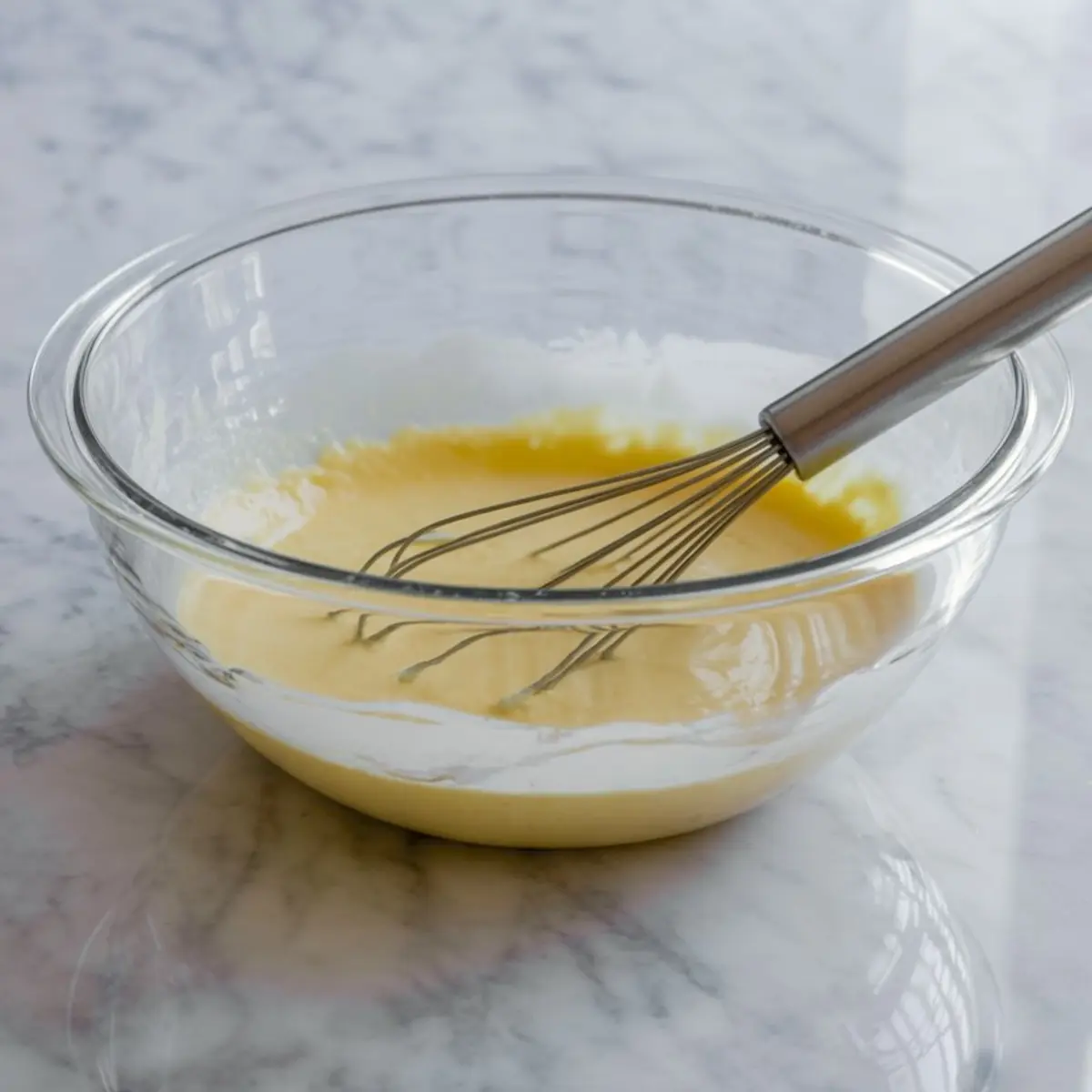 Smooth cheesecake batter in a clear glass bowl with a metal whisk resting inside, set on a marble surface. Baking preparation, creamy dessert base, and homemade cheesecake mix.
