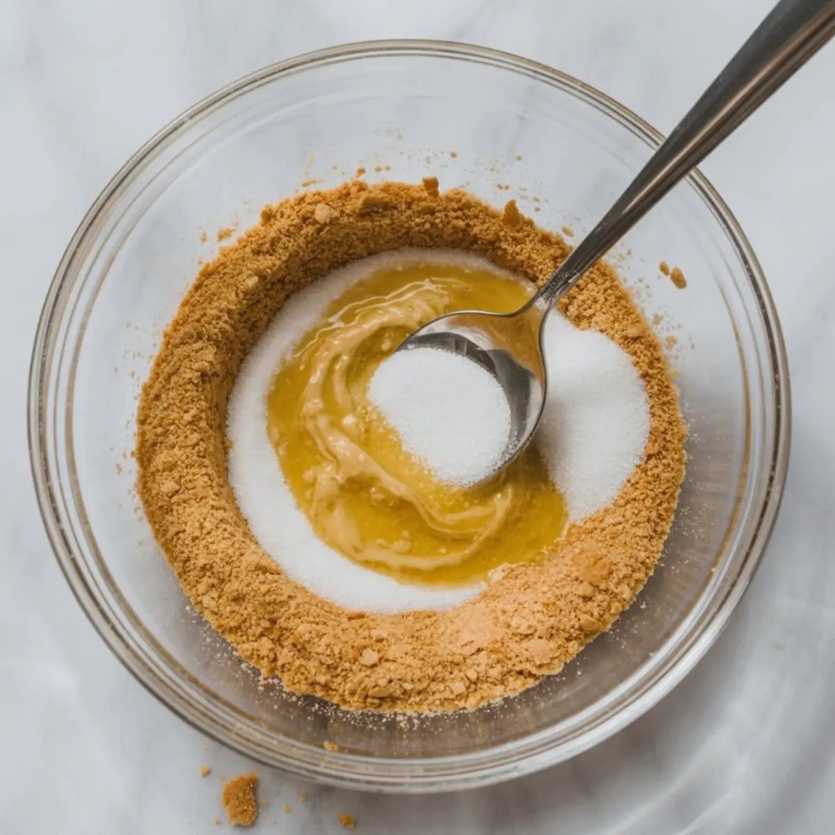 Glass mixing bowl with graham cracker crumbs, granulated sugar, and melted butter being stirred with a spoon, creating the base mixture for cheesecake crust. Dessert prep, baking ingredients, and holiday recipe process.
