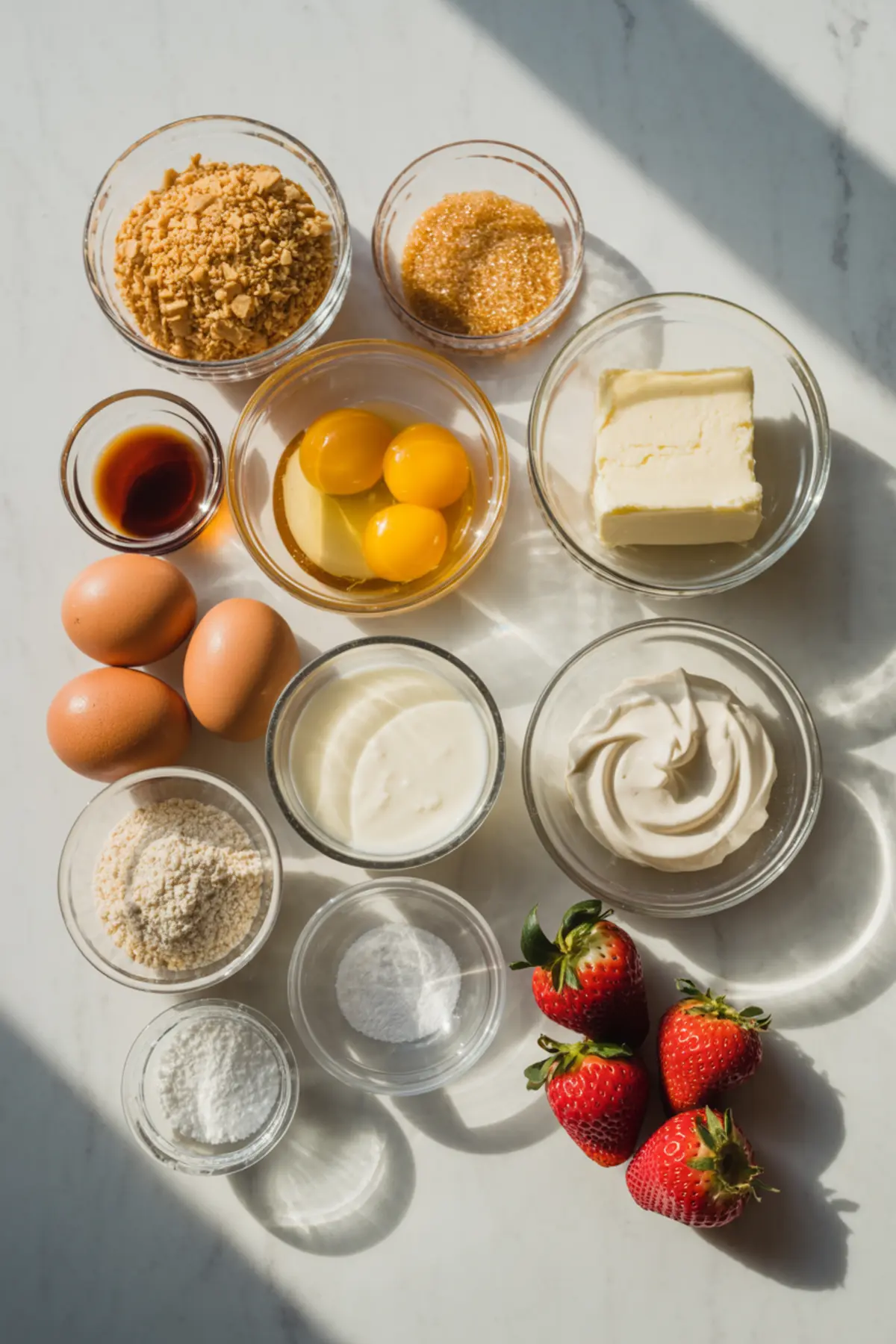 Overhead view of separated cheesecake ingredients including eggs, butter, sour cream, cream cheese, crushed graham crackers, vanilla, and fresh strawberries arranged in glass bowls on a white countertop. Holiday baking setup, cheesecake recipe essentials, and food photography.
