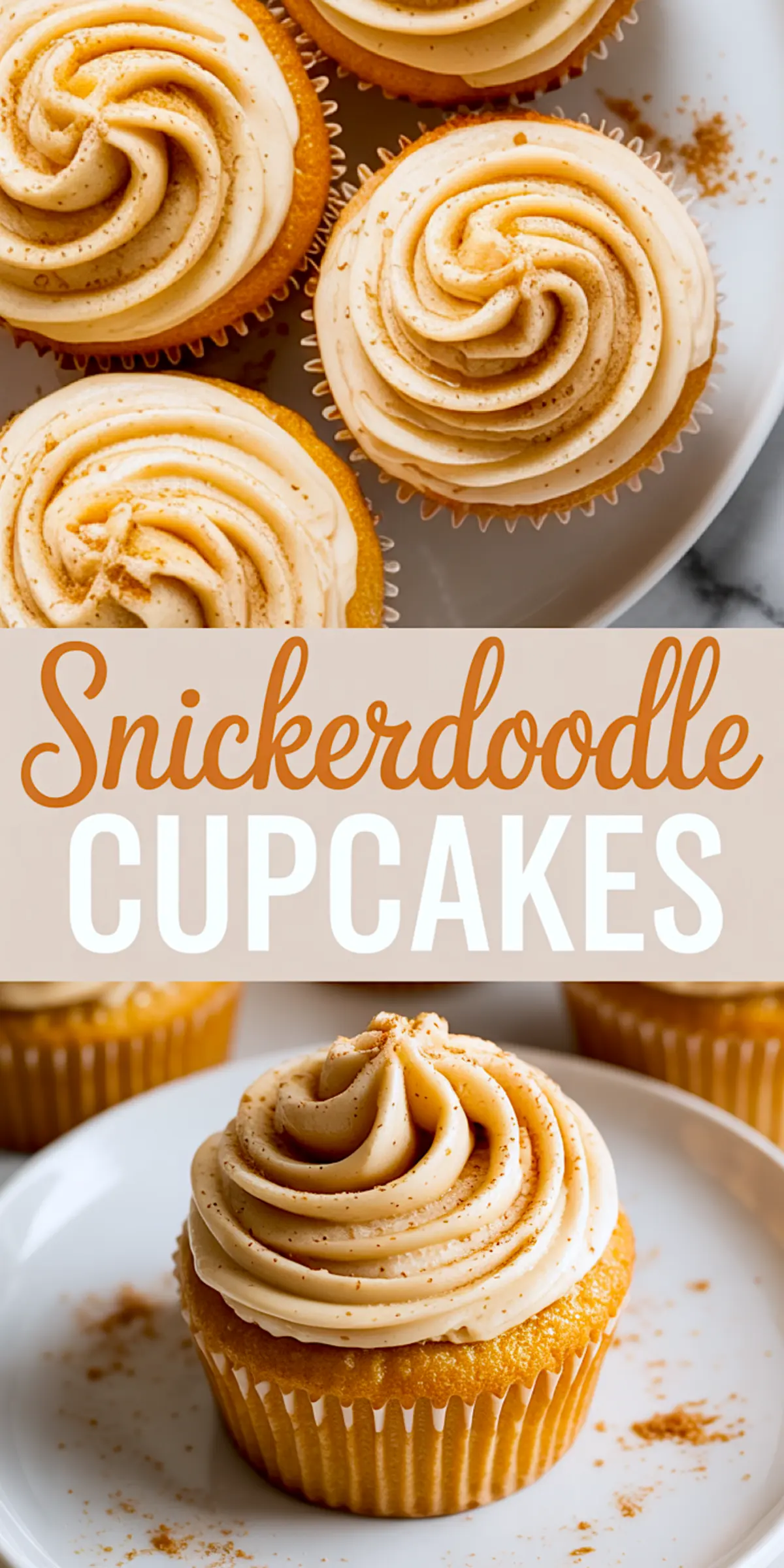 Close-up of snickerdoodle cupcakes topped with cinnamon-sugar buttercream swirls, arranged on a white plate with scattered crumbs for a cozy dessert presentation.