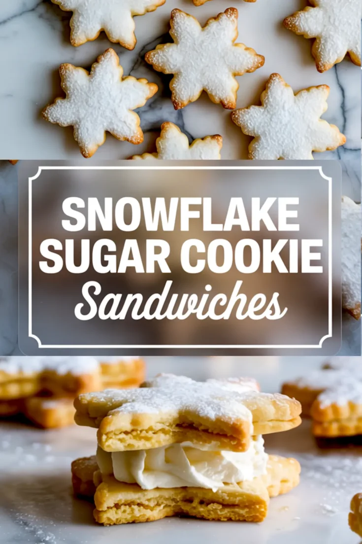 Split image showing powdered sugar-coated snowflake cookies on top, and on the bottom a sandwich cookie filled with piped buttercream, overlaid with centered text reading “Snowflake Sugar Cookie Sandwiches” in a clean white font.