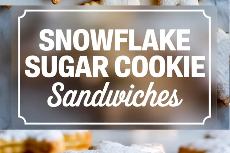 Split image showing powdered sugar-coated snowflake cookies on top, and on the bottom a sandwich cookie filled with piped buttercream, overlaid with centered text reading “Snowflake Sugar Cookie Sandwiches” in a clean white font.