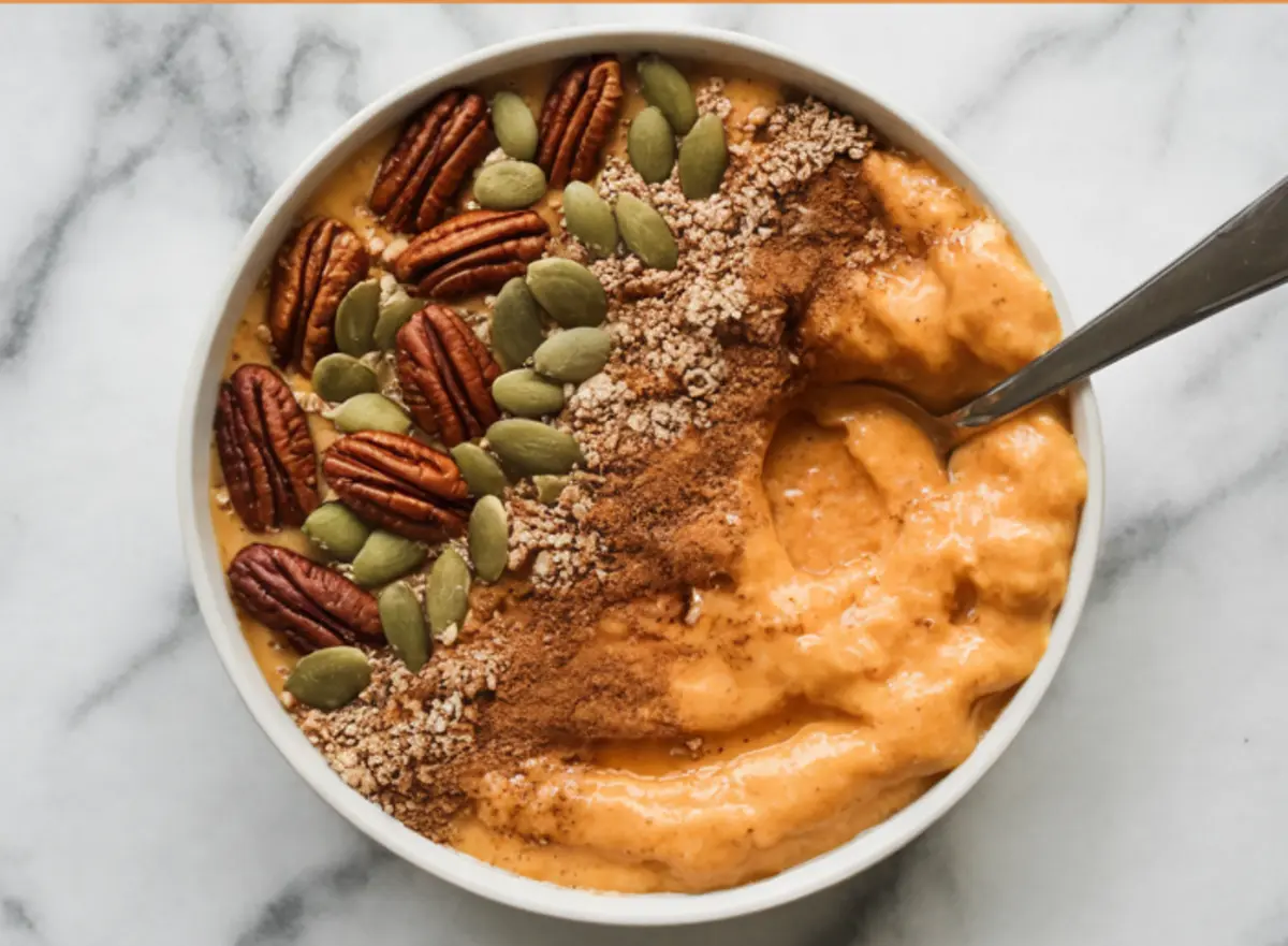 Overhead view of a thick spiced sweet potato smoothie bowl topped with pecans, pumpkin seeds, cinnamon, and crushed puffed grains, served with a spoon on marble surface.
