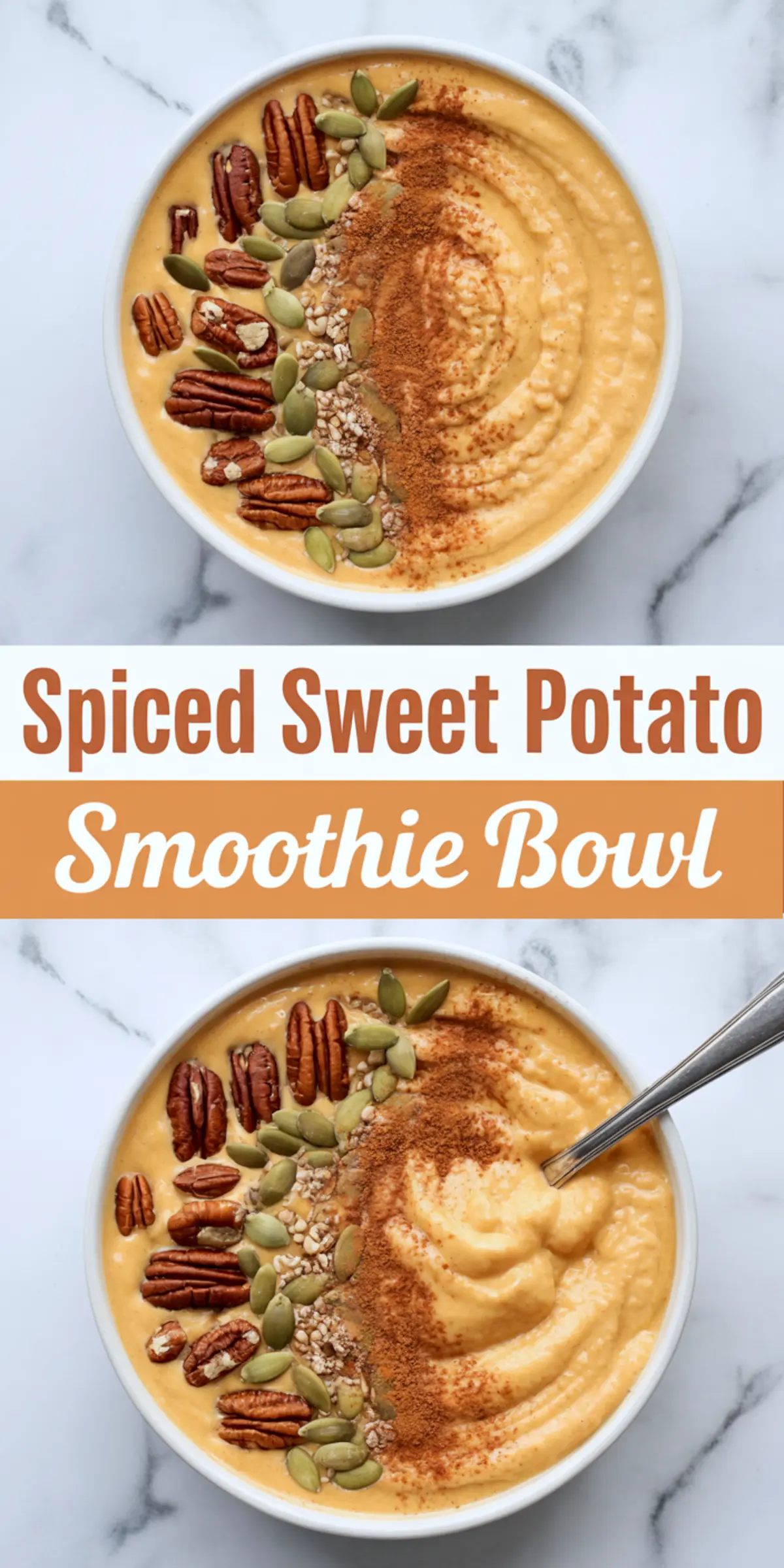 Collage of two spiced sweet potato smoothie bowls with text overlay, each bowl topped with pecans, pumpkin seeds, cinnamon, and puffed grains on a white marble background.
