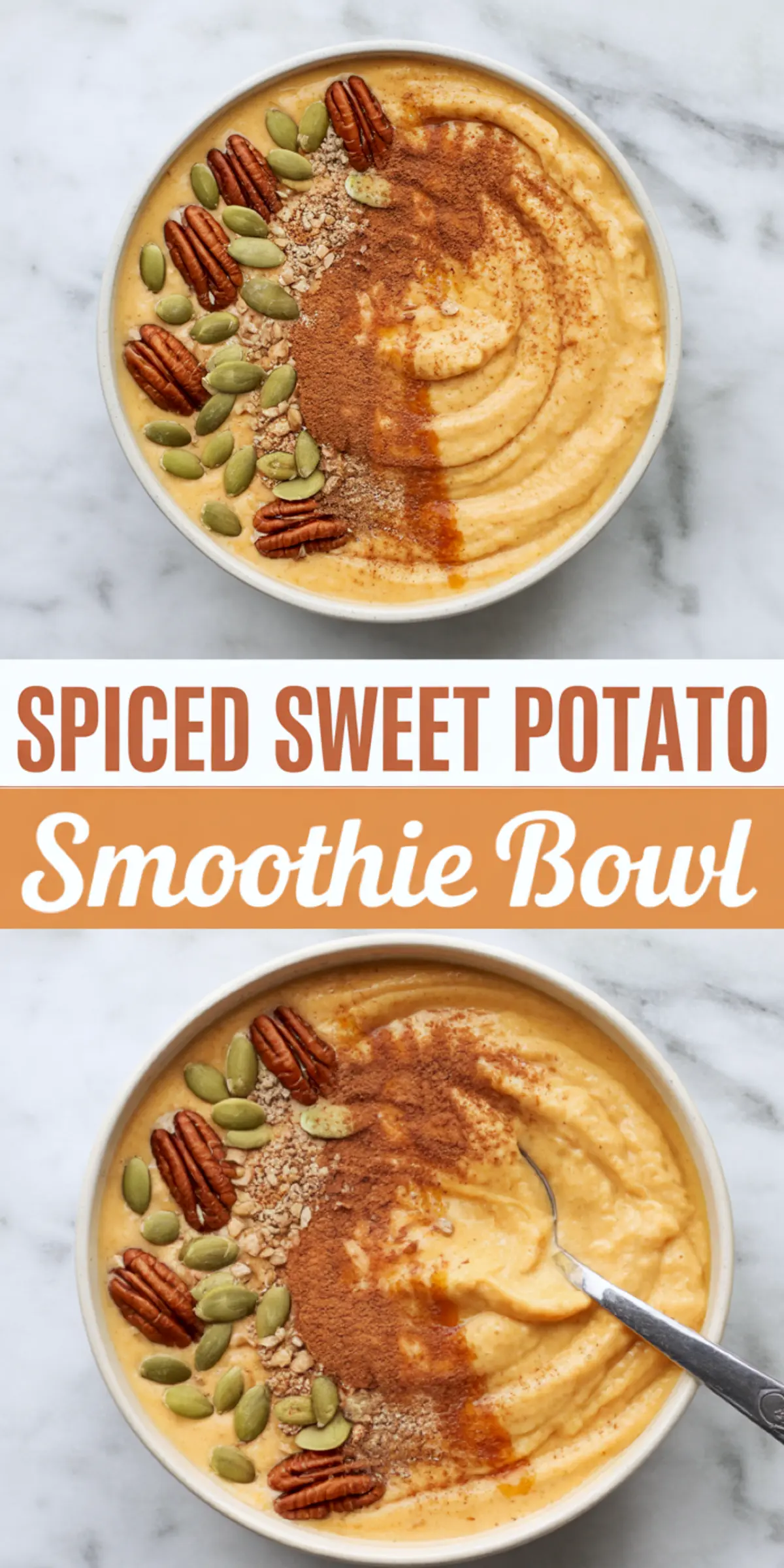 Collage featuring two sweet potato smoothie bowls garnished with pecans, pumpkin seeds, cinnamon, and puffed grains, separated by a centered text label “Spiced Sweet Potato Smoothie Bowl.”
