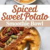 Spiced sweet potato smoothie bowl topped with pecans, pumpkin seeds, cinnamon, and puffed grains, shown with stylized text overlay reading “Spiced Sweet Potato Smoothie Bowl.”