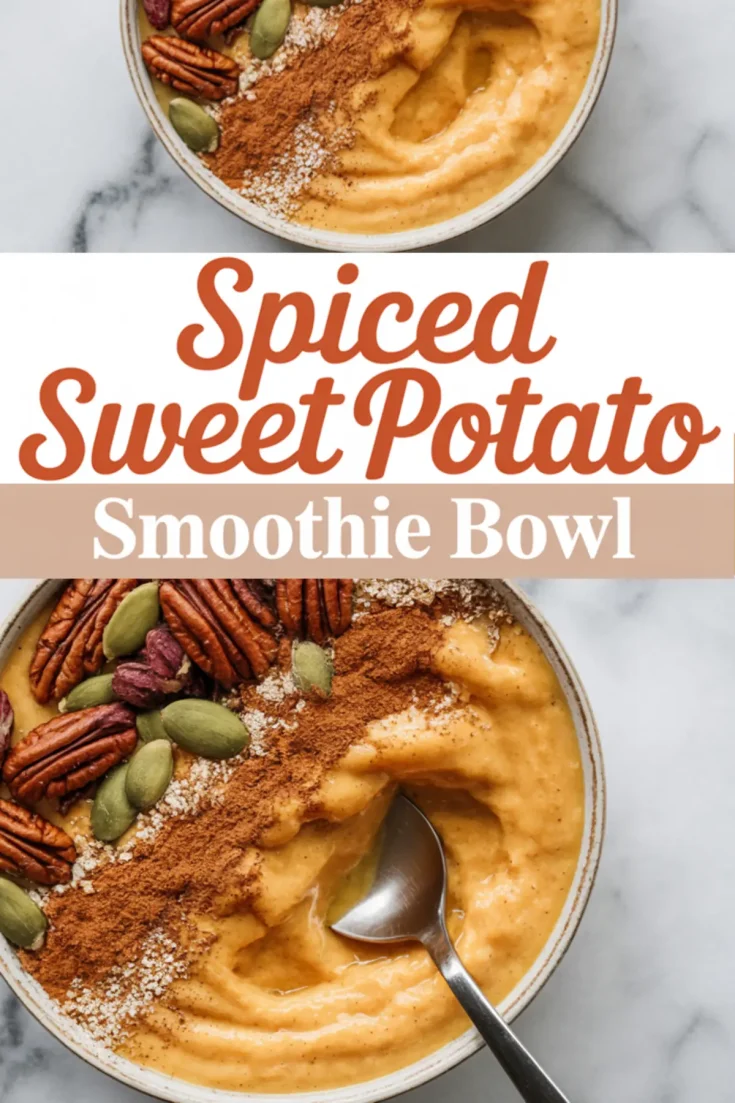 Spiced sweet potato smoothie bowl topped with pecans, pumpkin seeds, cinnamon, and puffed grains, shown with stylized text overlay reading “Spiced Sweet Potato Smoothie Bowl.”
