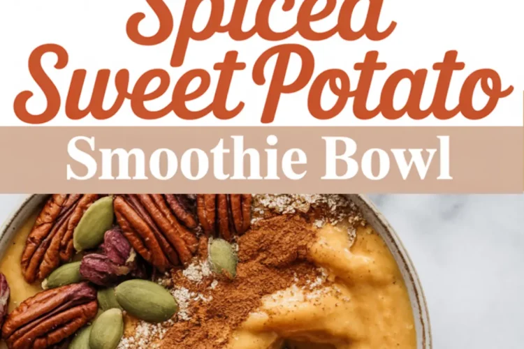 Spiced sweet potato smoothie bowl topped with pecans, pumpkin seeds, cinnamon, and puffed grains, shown with stylized text overlay reading “Spiced Sweet Potato Smoothie Bowl.”