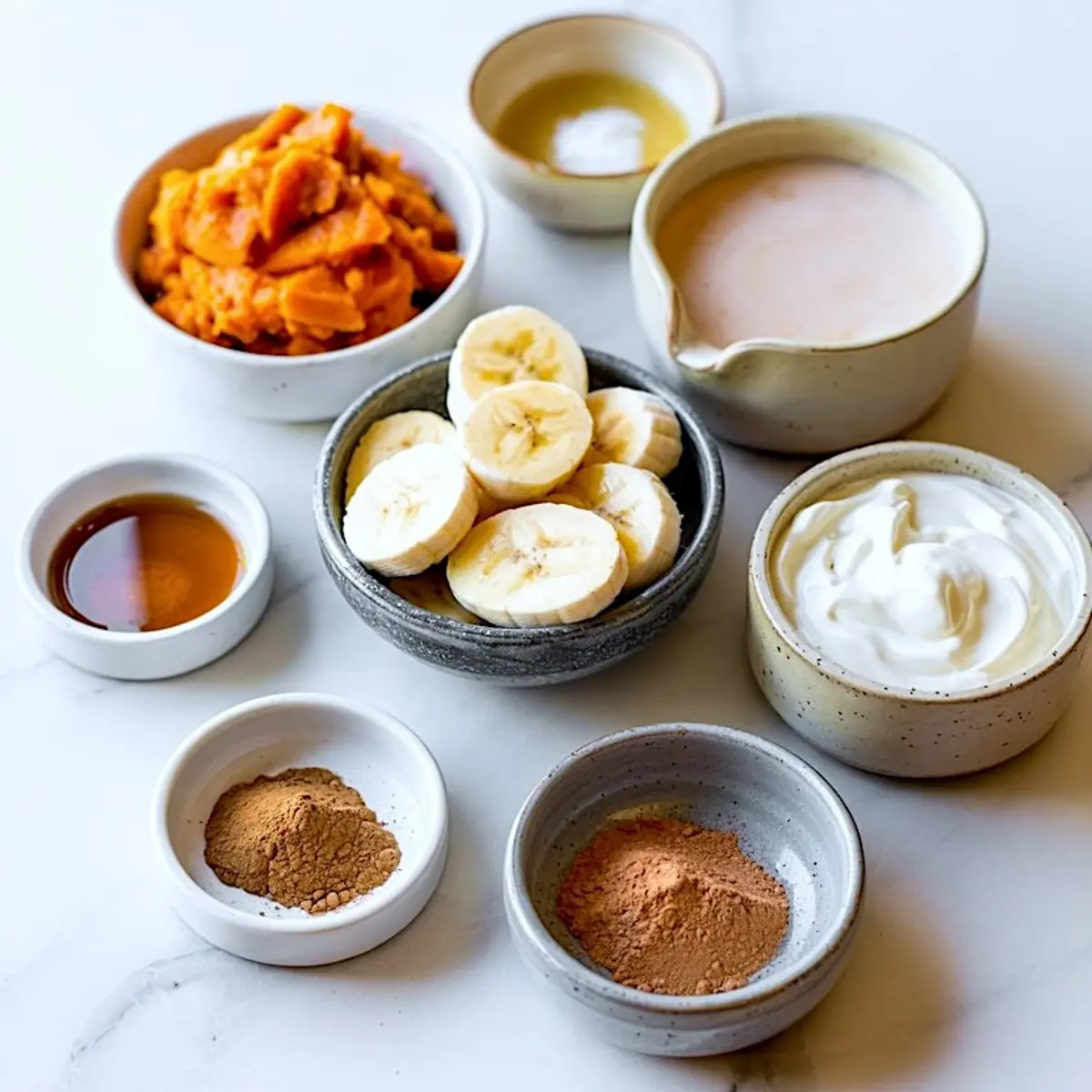 Flat lay of smoothie ingredients in ceramic bowls including mashed sweet potato, sliced bananas, Greek yogurt, almond milk, maple syrup, cinnamon, nutmeg, and coconut oil on a white countertop.
